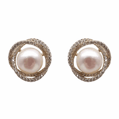 Retro White Pearl Earrings with Diamond Inlaid Mesh Spiral Pearl Stud Korean Earrings