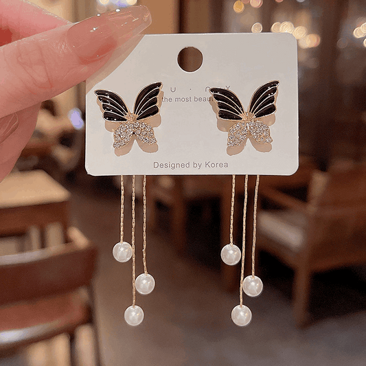 Black Butterfly Tassel Earrings Fashionable Long Chain With Pearl Studded Earrings with Creative Front and Back Korean Earrings