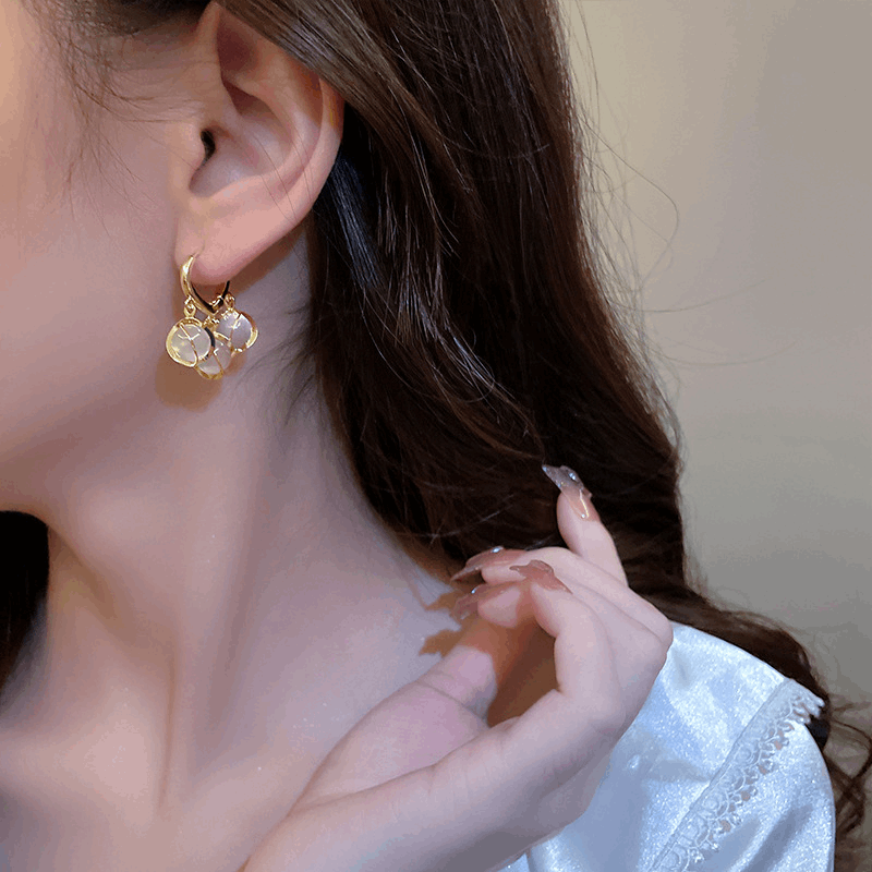 Minimalist Gold Fancy Opal Jade Crystal Ball Hoop Lock Tassel Drop Korean Earrings
