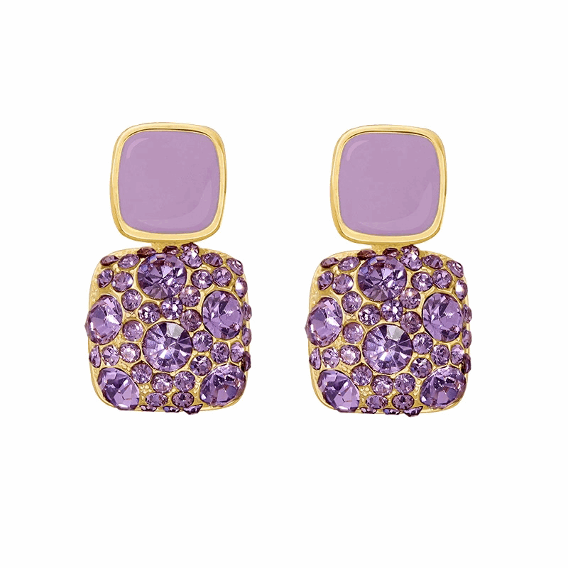 Hot Selling Korean Purple Square Crystal Rhinestone Earrings Elegant Geometric Diamond Earrings