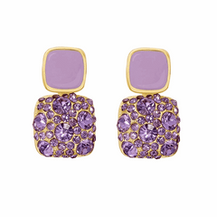 Hot Selling Korean Purple Square Crystal Rhinestone Earrings Elegant Geometric Diamond Earrings