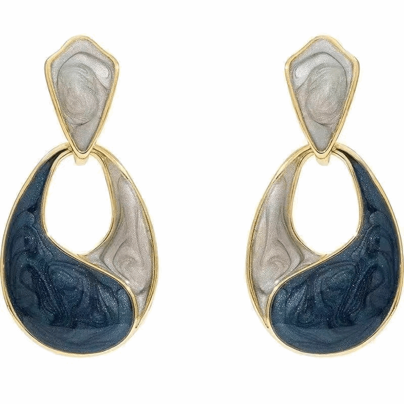 French Gold Plated Blue Enamel Geometric Water Drop Oval Shaped Drop Korean Earrings