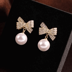 Latest Gold Plated Crystal Diamonds White Bow Pearl Drop Korean Earrings for Women