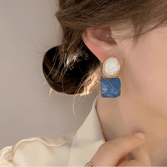 Korean Blue-White Assymetrical Luxury Square Resin Earrings Water Wave Pattern Drop Earrings