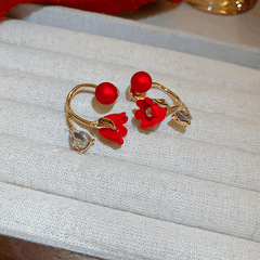 Fashionable Pair of Red Color Tulip Flower with a Transparent Pearl Stud Korean Earrings