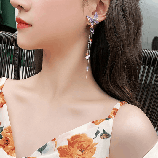 Vintage Purple Butterfly Rhinestone Pendant with Pearl Long Chain Drop Korean Earrings for Girls