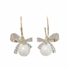 Trendy Bowknot Pearl Earrings Dangle Shape Drop Diamond Stud Korean Elegant Earrings
