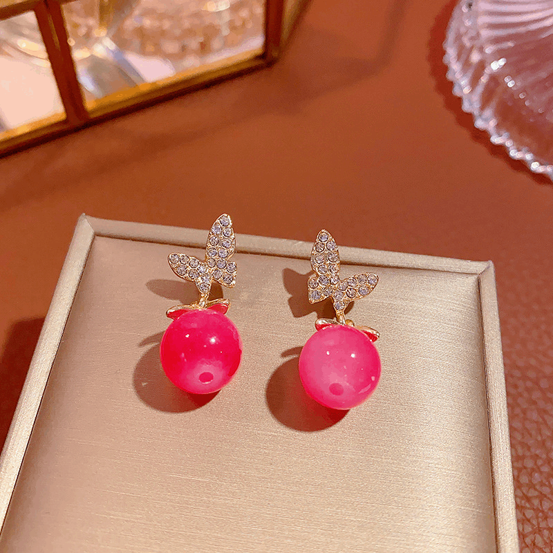 Beautiful Red Pearl Full of Diamonds Butterfly Drop Earrings New Korean Style Earrings for Women