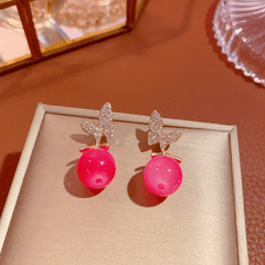 Beautiful Red Pearl Full of Diamonds Butterfly Drop Earrings New Korean Style Earrings for Women