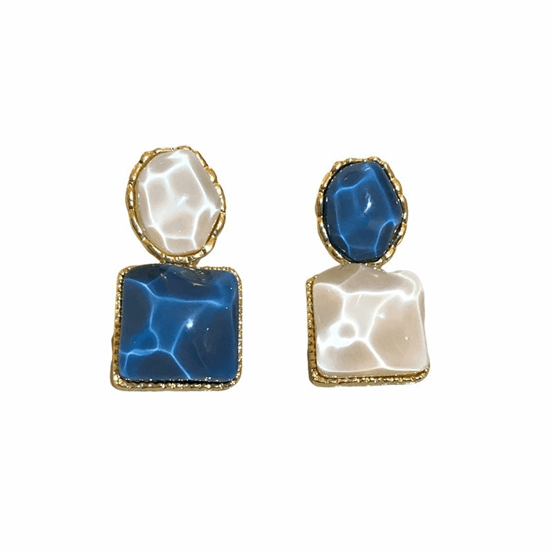 Korean Blue-White Assymetrical Luxury Square Resin Earrings Water Wave Pattern Drop Earrings