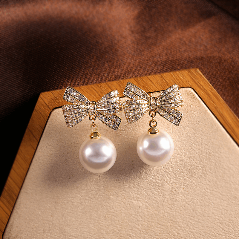 Latest Gold Plated Crystal Diamonds White Bow Pearl Drop Korean Earrings for Women