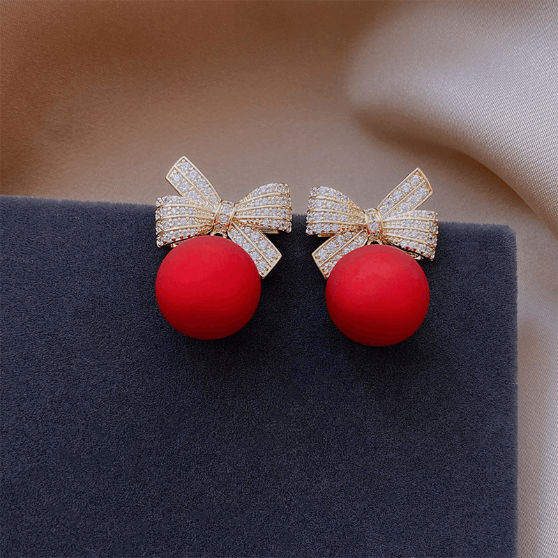 Latest Gold Plated Crystal Diamonds Red Bow Pearl Drop Korean Earrings for Women