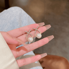 Classic Small Fragrant Wind Pearl with Cross Zircon Geometry Pearl Korean Earrings