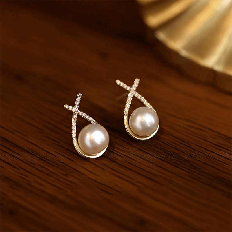 Classic Small Fragrant Wind Pearl with Cross Zircon Geometry Pearl Korean Earrings