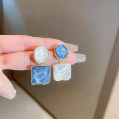 Korean Blue-White Assymetrical Luxury Square Resin Earrings Water Wave Pattern Drop Earrings