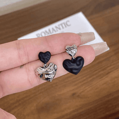 Black Texture Love Asymmetrical Luxury Double Heart Drop Korean Stud Earrings for Girls
