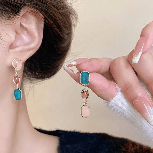 Vintage Candy Shape Asymmetrical Colorful Geometric Crystal Long Drop Korean Earrings
