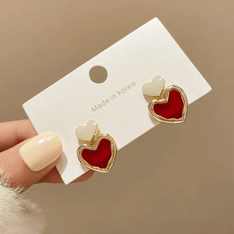 Retro Cute Trendy Statement Red Love Small Heart Shaped Stud earring for Women