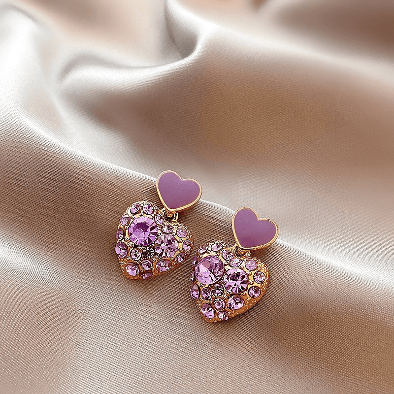 Fashion Heart Purple Love Charm Crystal Drop Korean Earrings for Girls