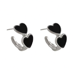 Korean Style Black Enamel Twin Heart with Silver Plating Stud Ear Clip Korean Earrings