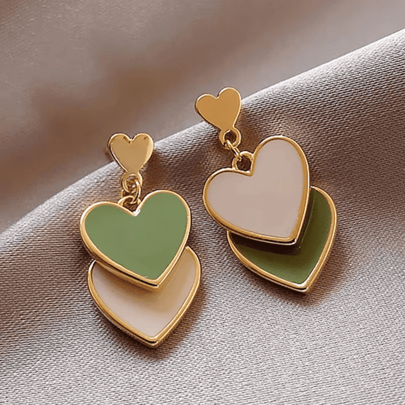 Green White asymmetrical Heart Shaped Fashion Trendy Korean Stud Earrings for Girls Party