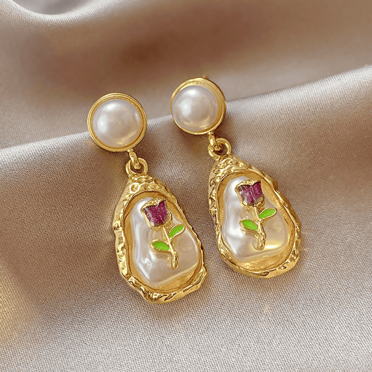 Vintage Golden Irregular Oval Shaped Flower Oil Painting Enamel Pearl Drop Korean Earrings