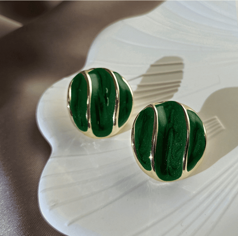 Green Glaze Enamel Geometric Irregular Round Stud Korean Fashion Earrings for Office