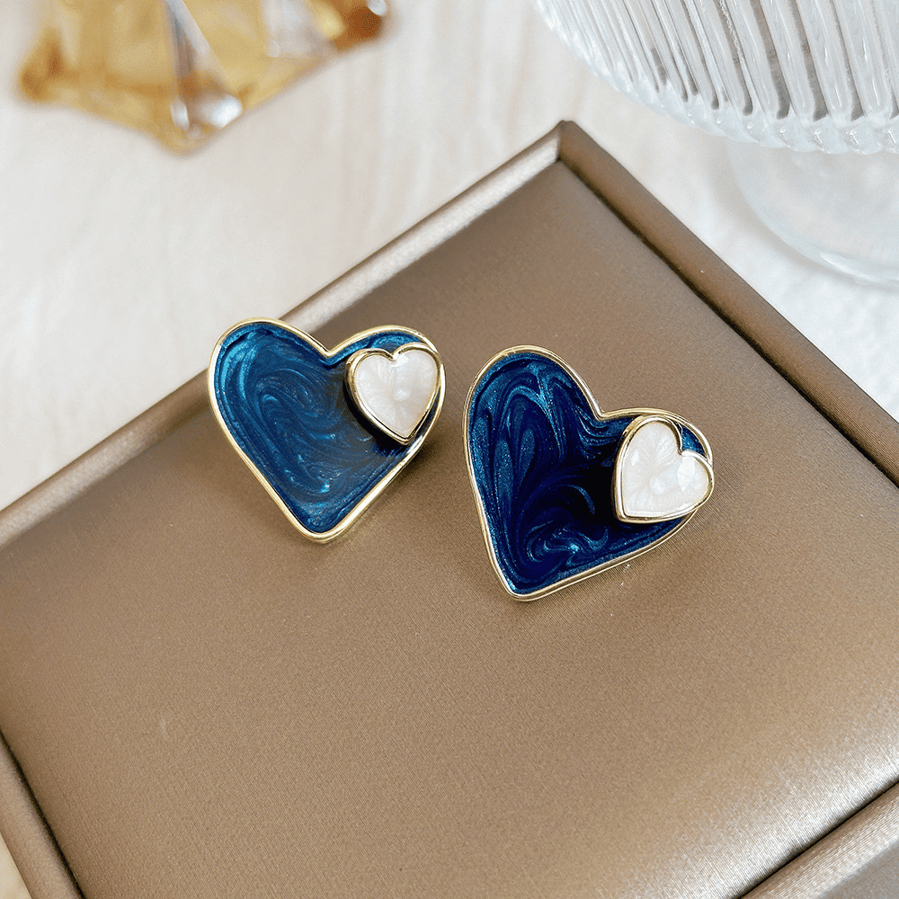 Hot Trendy Blue Dropping Oil Stained Double Heart Stud Korean Fashion Love Earrings