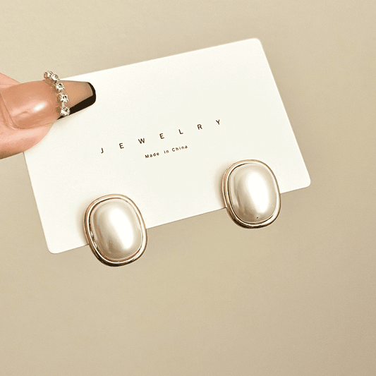 Metallic Vintage White Pearl Simple Geometric Square Oval Stud Korean Earrings