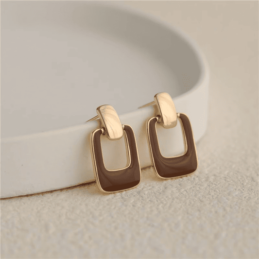 Korean Geometric Square Golden Coffee Color Hollow Design Alloy Drop Korean Earrings for Women