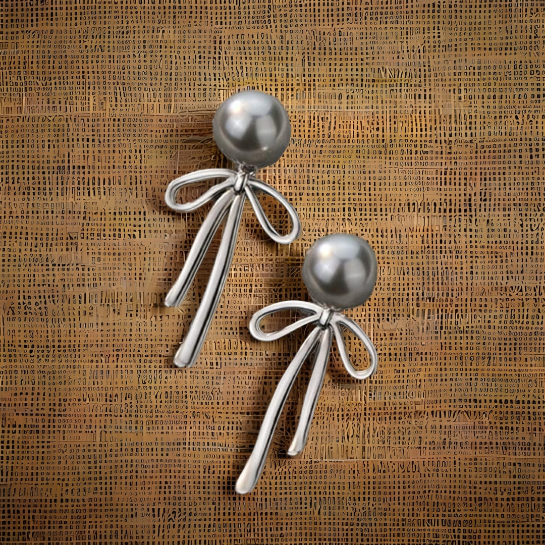 Trendy Elegant Silver Metal Aesthetic Fairy Bow Pearl Long Dangle Korean Earrings for Women