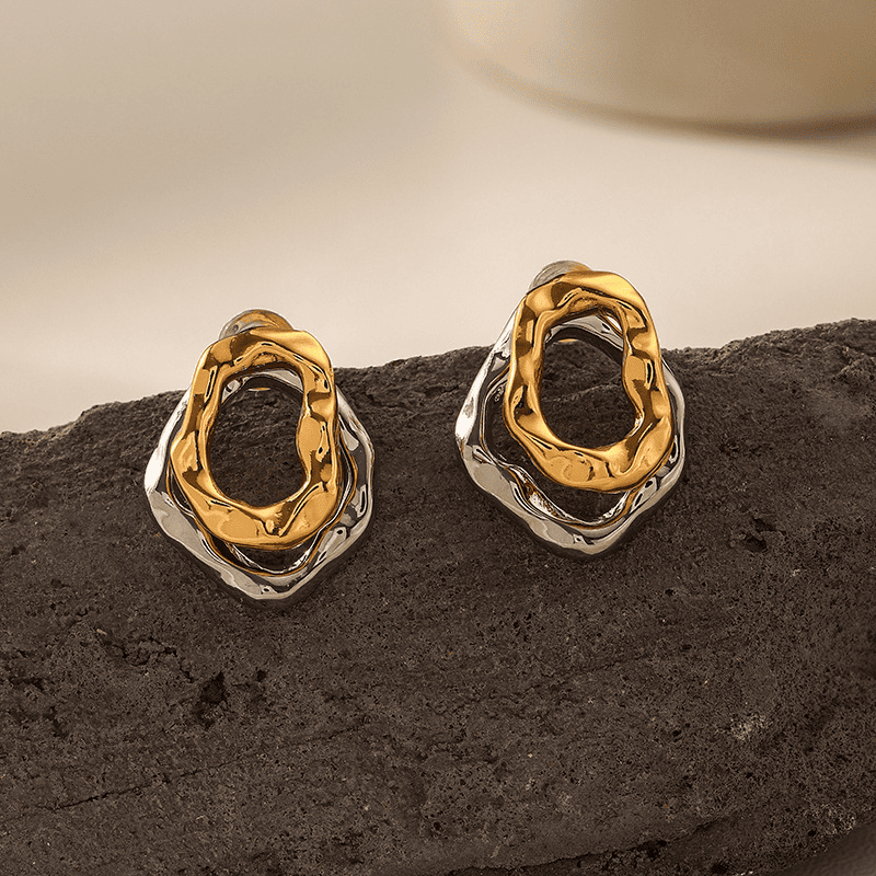 Minimalist Gold&Silver Plated Dual Layer Irregular Shaped Korean Stud Earrings for Women