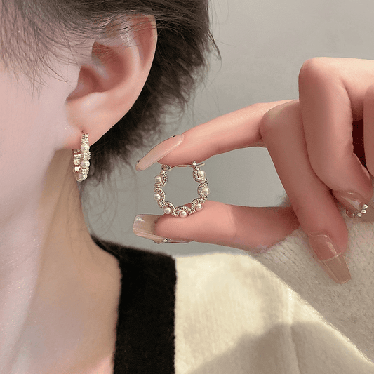 Retro Gold Color Circle Mesh Pearl Vintage Simple Design Hoop Korean Earrings