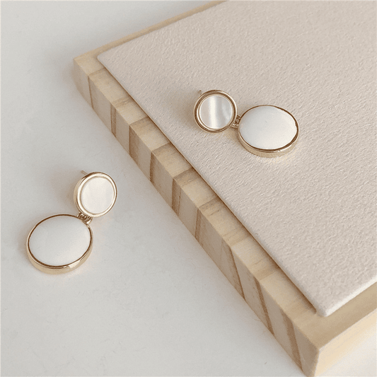 Vintage White Enamel Natural Shell Geometric Round Drop Korean Earrings for Women