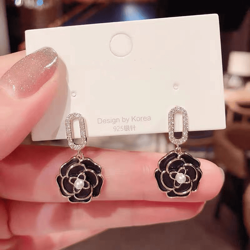 Vintage Modern Dailywear Black Camellia Flower with Rhinestone Drop Korean Earrings for Girls