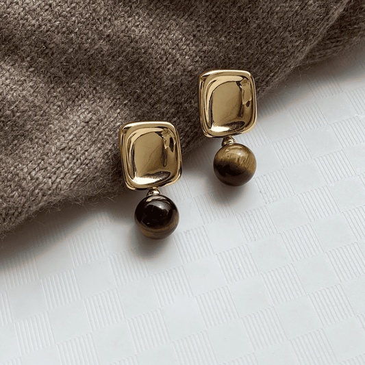 Europe Trendy Geometric Metal Tiger Eye Stone Korean Drop Earrings for Women