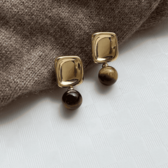 Europe Trendy Geometric Metal Tiger Eye Stone Korean Drop Earrings for Women