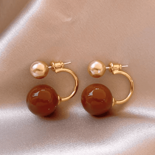 Elegant Design Coffee Color Round Bead Pearl C-Shape Retro Gold Plated Korean Earrings for Women