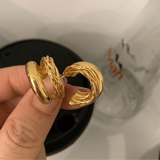 Elegant Gold Plated Double Layered C Shape Twisted Hoop Korean Earrings for Women
