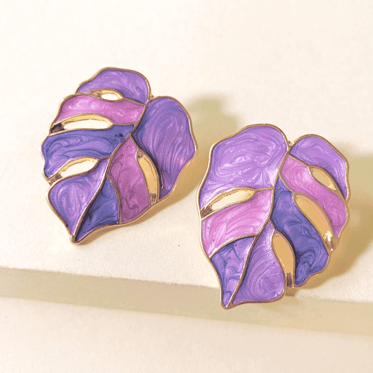 Purple Enamel Hollow Coconut Palm Oil-dripping Leaf Stud Korean Earrings for Girls