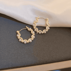 Retro Gold Color Circle Mesh Pearl Vintage Simple Design Hoop Korean Earrings