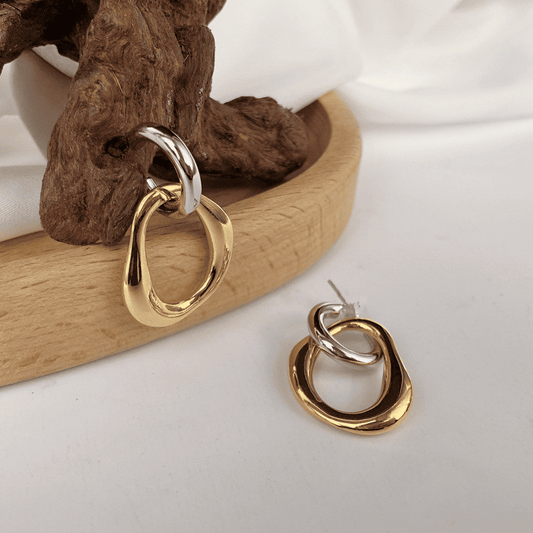 Korean Style Simple Dual Layer Geometric Gold Silver Contrast Patchwork Drop Earrings for Women