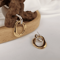 Korean Style Simple Dual Layer Geometric Gold Silver Contrast Patchwork Drop Earrings for Women