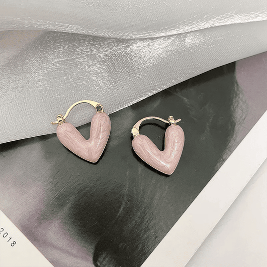 Gold Plated Romantic Pink Enamel Heart Shaped Pendant Drop Korean Earrings for Women