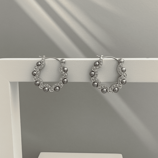 Retro Silver Color Circle Mesh Pearl Vintage Simple Design Hoop Korean Earrings