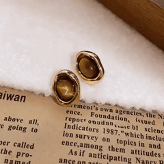 Retro Caramel Brown Color Tiger's Eye Stone Oval Shaped Stud Korean Earrings for Women