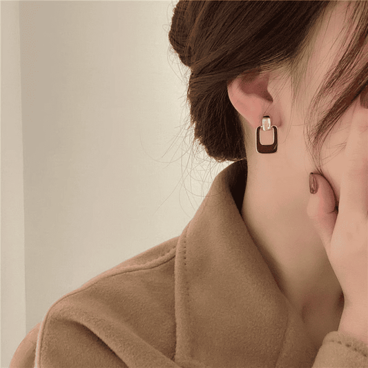 Korean Geometric Square Golden Coffee Color Hollow Design Alloy Drop Korean Earrings for Women