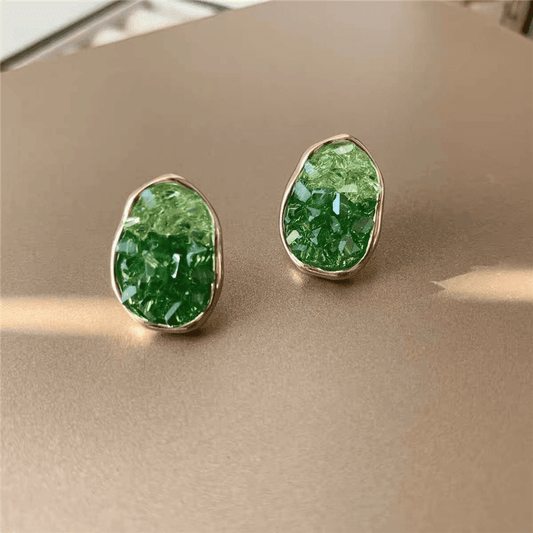 Elegant Green Color Crystal Irregular Oval Shaped Stud Korean Earrings