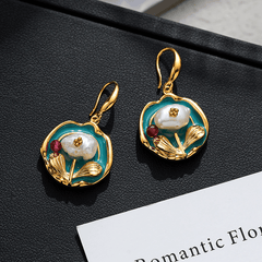 Vintage High-End Elegant Green Oil Painting Style Korean Drop Earrings for Women