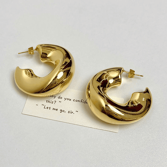 Irregular Thick Metal Round Gold Color Hollow Hoop Korean Earrings